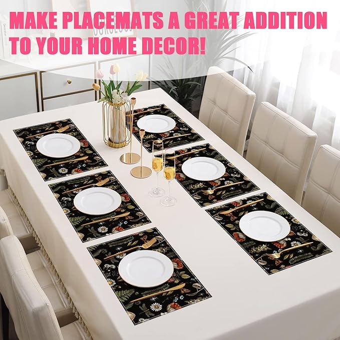 Black Mushroom Placemats Set of 6,12x18 Inch Linen Place Mat Washable Stain Resistant Table Mats for Spring Summer Seasonal Farmhouse Kitchen Party Home Decor
