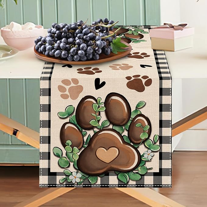 Cat Dog Paw Prints Table Runner, Buffalo Plaid Check Farmhouse Kitchen Dining Table Decoration Pet Lover Gifts, Eucalyptus Leaves Burlap Indoor Outdoor Home Decor Party Supply 13 x 36 Inches