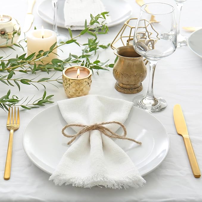 TURSTIN 12 Pieces Cotton Linen Cloth Napkin Handmade Cloth Napkin with Fringe 17 x 17 Inch Soft Cloth Dinner Wedding Napkin Square Rustic Fringe Table Napkin for Parties, Weddings, Ivory White