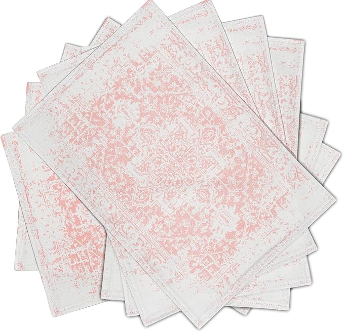 aportt Gray Pink Boho Placemats Set of 6 Ethnic Bohemian Carpet Place Mats Washable Kitchen Dining Vintage Grey Geography Floral Linen Table Mats Stain Heat-Resistant for Home Party Indoor 12x18 in