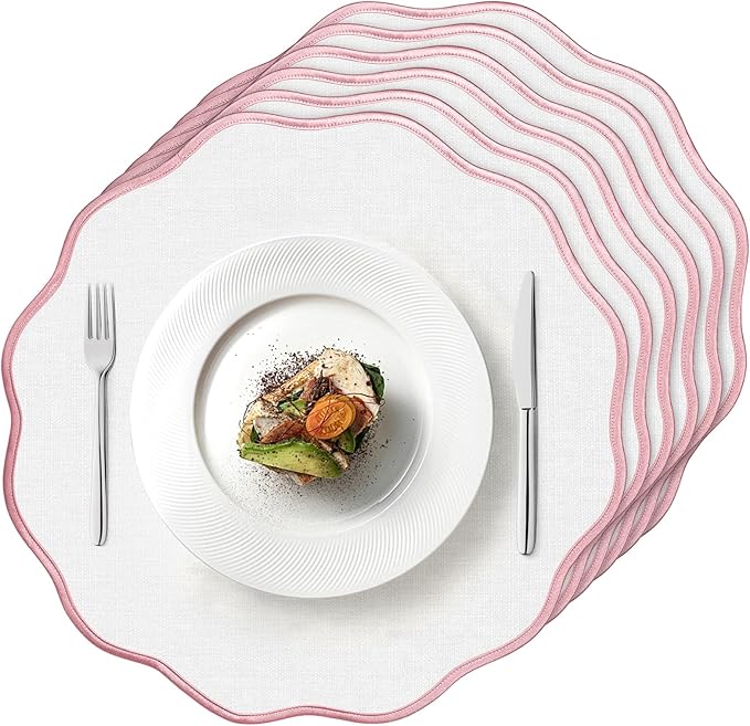 Set of 6 Scallop Linen Placemats, 15 Inch Pink and White Round Placemats Cotton Linen Table Mats Handcrafted Machine Washable Wrinkle Free Dining Placemat for Hotel Restaurant Kitchen