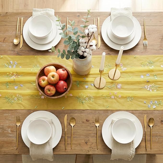 Artoid Mode Wildflower Floral Yellow Gauze Embroidery Table Runner 120 Inch 10FT, Tulle Seasonal Spring Kitchen Dining Table Decor for Home Party