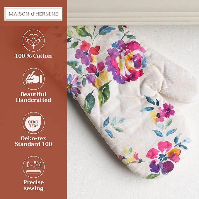 Maison d'Hermine Oven Gloves 100% Cotton Oven Mitt 7" x 13" with Loop Heat Resistant BBQ Cooking Gloves Baking Grilling Gifts for Mothers Day Spring/Summer (Pack of 1, Rose Garden)