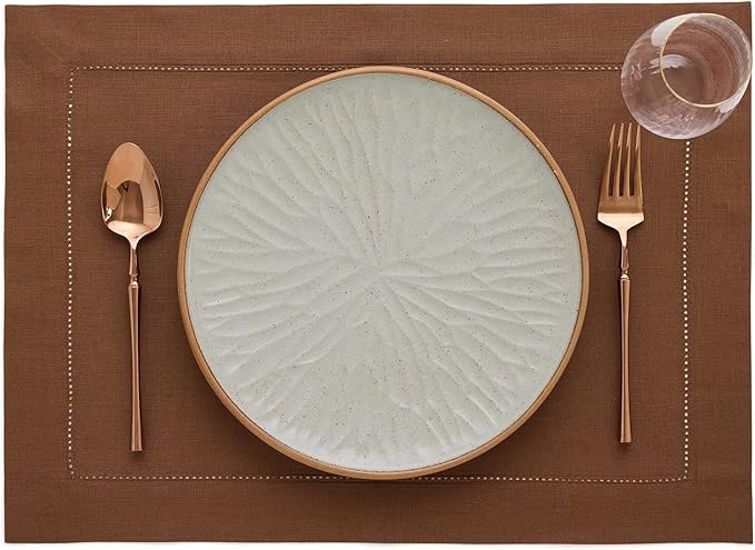 Solino Home Linen Placemats Set of 4 - Classic Hemstitch Brown Placemats 14 x 19 Inch - 100% Pure Linen Table Mats for Mothers Day