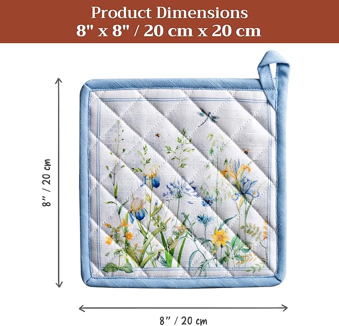 Maison d' Hermine Pot Holders 100% Cotton Heat Resistant Potholders 8" x 8" Hot Pads with Loop BBQ Cooking Baking Gifts for Mothers Day Handling Hot Pans Spring/Summer (Pack of 1, Fleurs De Mai)