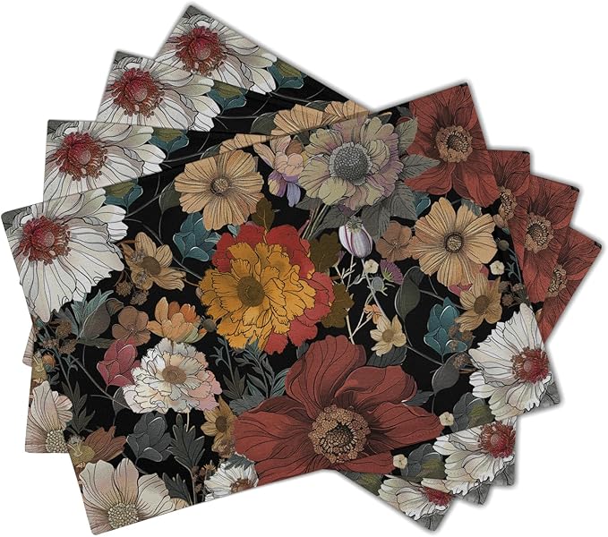 Giwawa Black Boho Floral Placemats Set of 4, 12"x18" Vintage Watercolor Flowers Table Mats, Rustic Retro Plant Heat Resistant Washable Linen Place Mat for Kitchen Dining Season Party Decor