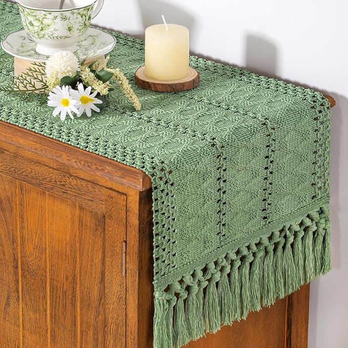 Socomi Sage Green Boho Table Runner Macrame Easter Spring Farmhouse Woven Cotton Linen Rustic Coffee Table Runner with Tassels for Small Dresser Scarf Home Decor Dining Room 12x72 inch