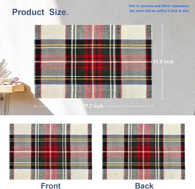 Batmerry Scottish Tartan Placemats,Square Green Wool Plaid Washable Linen Table Mats for Kitchen Table Double Insulation Decor Dining Set Indoor Outdoor 12X18 in Set of 4