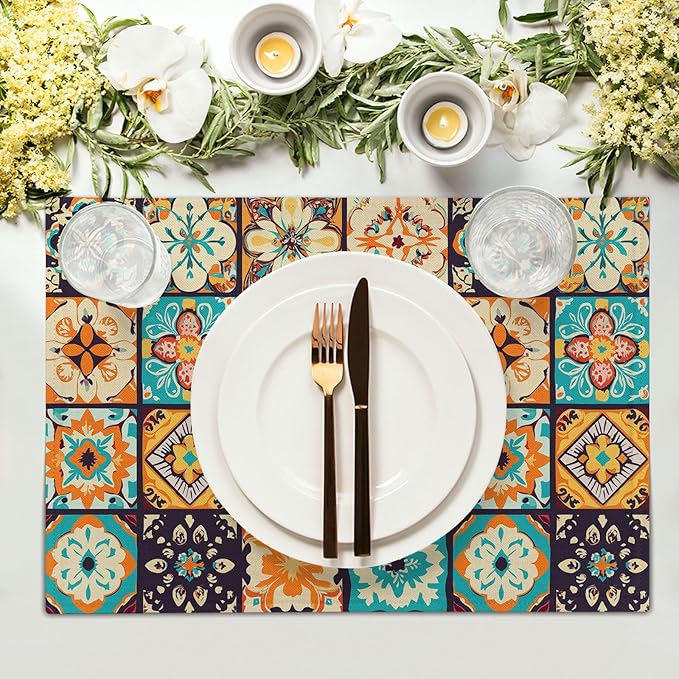 Boho Floral Placemats Set of 4, Retro Flower Geometric Place Mat Bohemian Floral Cloth Tablemats Non-Slip Washable Tabletop Mat 12x18 Inch for Indoor Outdoor Dining Party Table Decor