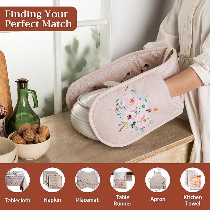 Maison d' Hermine Double Oven Mitts 100% Cotton 7"x35" Double Oven Mitt Heat Resistant BBQ Cooking Gloves with Loop Baking Grilling Gifts for Mothers Day Spring Summer (Ibiza - Beige)