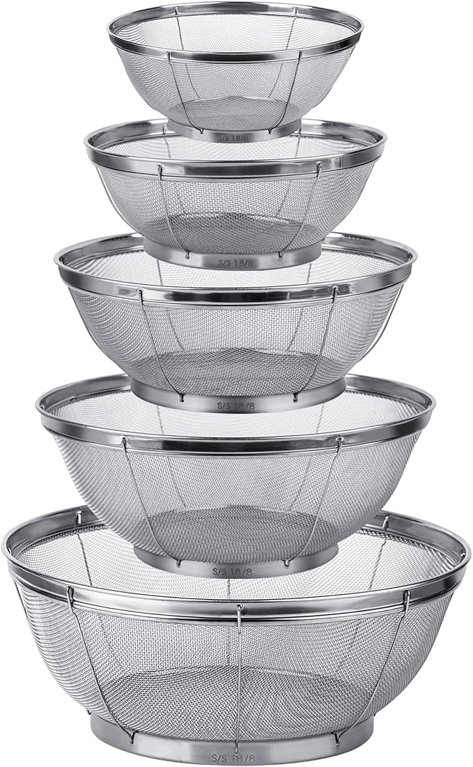 Tiawudi 5 Pack Strainers for Kitchen, 18/8 Stainless Steel Colander, Fine Mesh Strainer for Pasta, Rice and Fruit, Sieve for Strain, Drain, Rinse or Steam, Multi Size Sifter