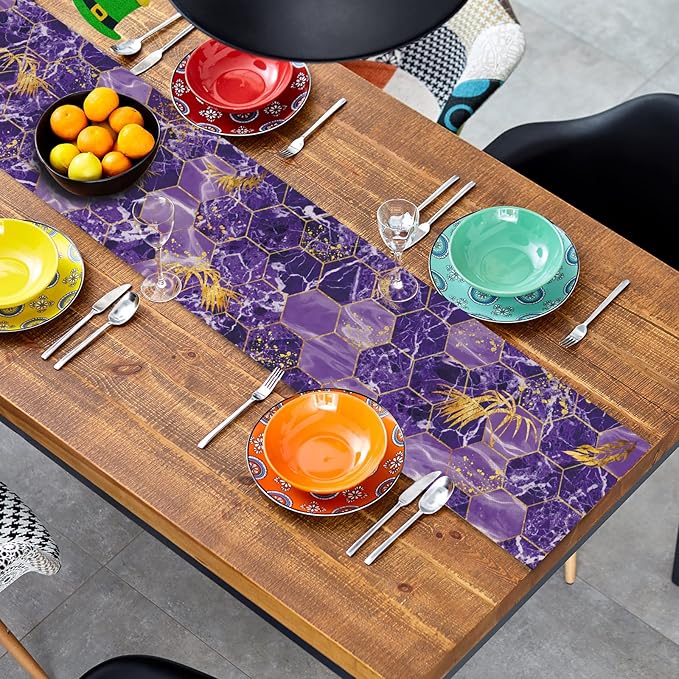 Marble Table Runner 72 Inches Long, Purple Gold Marble Texture Table Runner Dresser Scarves, Abstract Art Burlap Dining Room Table Decor for Kitchen Farmhouse Indoor Outdoor Home Party