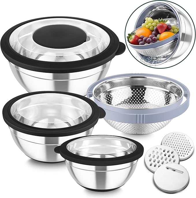 TeamFar Mixing Bowls with Colander Set, Stainless Steel Strainer and Nesting Salad Bowls, with Lids & 3 Graters, Non-Slip Bottom & Visible Lid, Rotatable & Dishwasher Safe, 4.6/3/1.5 QT, Black