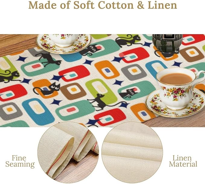 Mid Century Modern Table Runners Cute Black Cat Abstract Geometric for Dining Room Dinner Runner Kitchen Indoor Outdoor Patio Party Decor Fabric 1 Panel W13xL108in