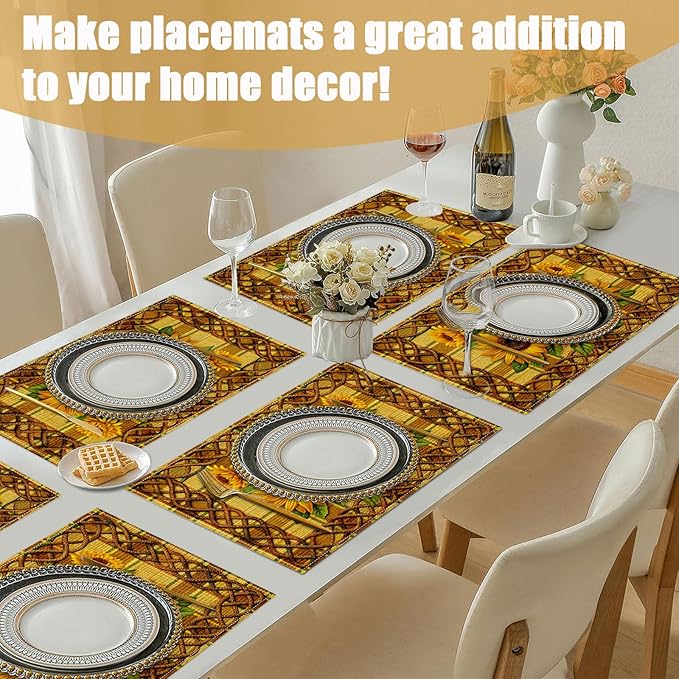 Sunflower Placemats Set of 6, Linen Place Mat Washable Stain Resistant Table Mats for Farmhouse Kitchen Dining Party Wedding Decor 12x18 Inch