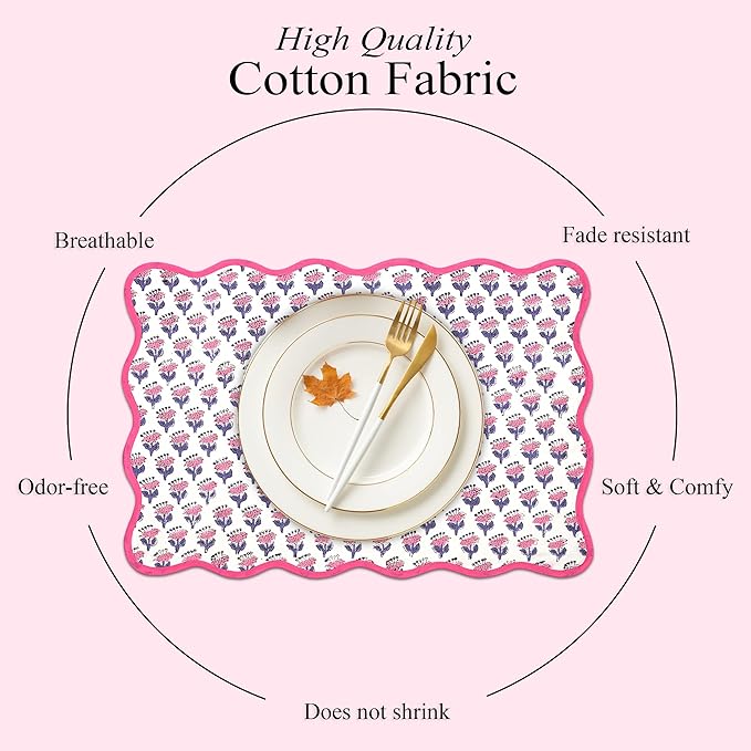 CPC Cotton Placemats Pink Sapphire Set of 4-Hand Block Printed Reversible Placemats, Flower Scalloped & Embroidered Cloth Table Mats - 14 x 20 inch Gift for Spring, Mother's Day