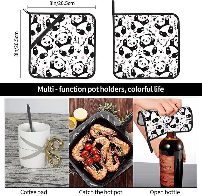 Cute Panda Pot Holders 2PCS,Potholder for Kitchen Heat Resistant BBQ Cooking Baking Food Hot Pat for Women Men Kitchen Wear(Cartoon Animal)
