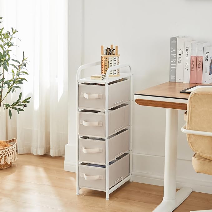 MAX Houser 4 Drawer Narrow Dresser Fabric Storage Tower Vertical Slim Storage Chest Organizer Nightstand Side/End Table Small Standing Organizer Removable Drawers Wood Top for Bedroom, Bathroom(Beige)