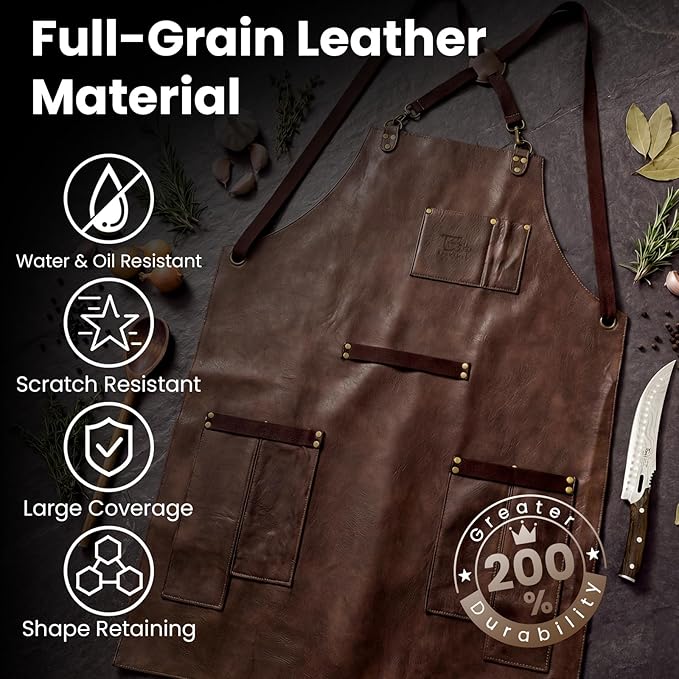 SYOKAMI Leather Chef Cooking Apron for Men, Cross Back Apron for All-Day Comfort, Waterproof Apron with Multiple Pockets, Great for Kitchen, Garden, BBQ, Butcher Work or Crafts, Ideal Gift
