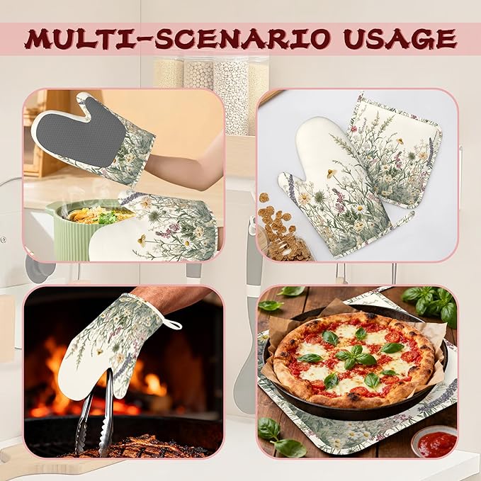 Wildflower Floral Oven Mitts and Pot Holders (4PCS),Vintage Garden Flowers Heat Resistant Non-Slip Silicone Kitchen Gloves for Cooking, Baking, BBQ Waterproof Kitchen Accessories