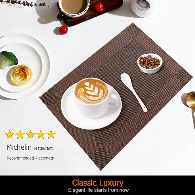 Placemats Set of 12 Washable&Wipeable Place mats for Dining Table Kitchen Indoor Outdoor Table Mats Heat Resistant Non Slip Woven Vinyl Table Placemats (Brown，12PCS)