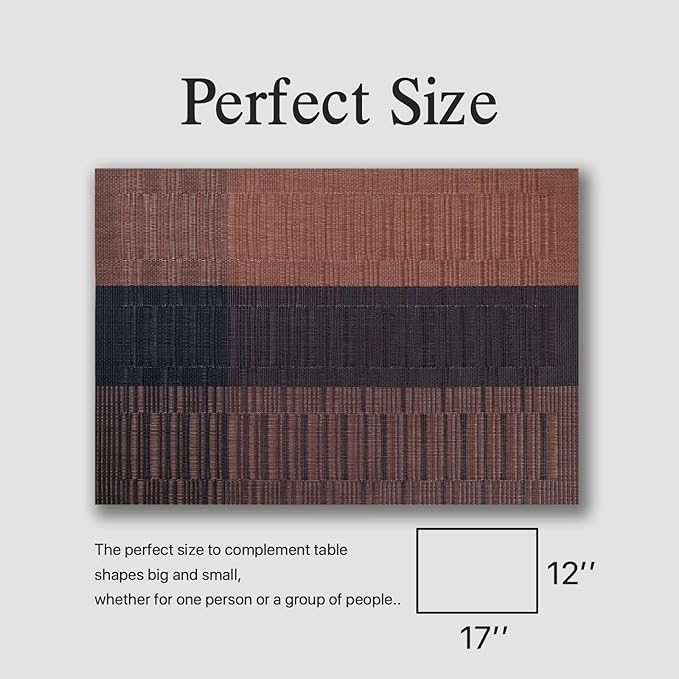 Placemats Set of 12 - Easy Clean Woven Vinyl Placemats for Dining Table, Indoor/Outdoor Place Mats, Washable PVC Table Mats （Ombre Brown Black）