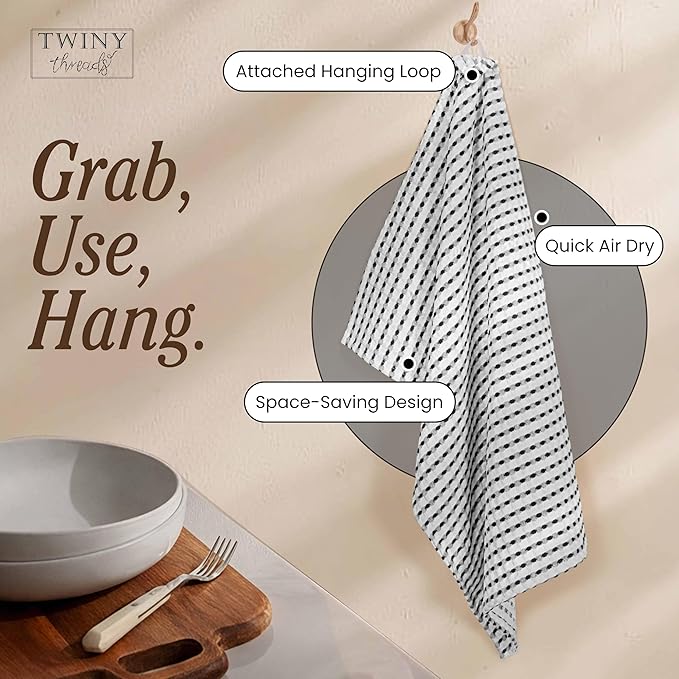 TWINY threads Multi Colors White Waffle Towels 4 Pack, 16x26 Inches Absorbent Waffle Weave Kitchen Dish Cloth Set, Soft, Durable & Machine Washable Tea Towel, Light Grey, Rust, Mustard Yellow, Black