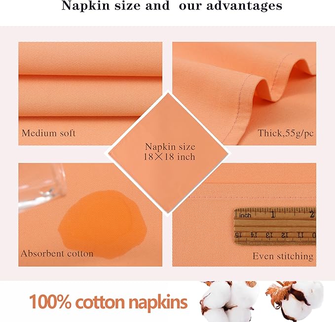 Peach Cloth Napkins Set of 6,100% Cotton Dinner Napkins, Warm Spring Carnation Color, Gift for Mon, Birthday,Soft Comfortable and Reusable 18"x18" (Salmon)