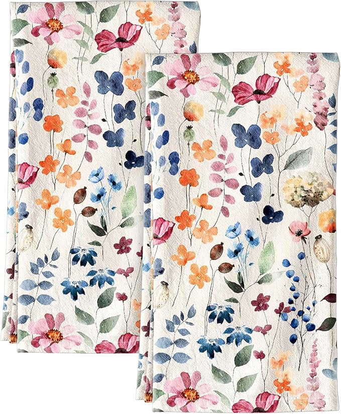 Miss Adola Flour Sack Kitchen Towels Set of 2-18x26 Cotton Dish Towels with Hanging Loop Reusable Tea Towel for Cleaning Spring Absorbent Dishcloths Cute Home Decor Housewarming, Watercolor Flower