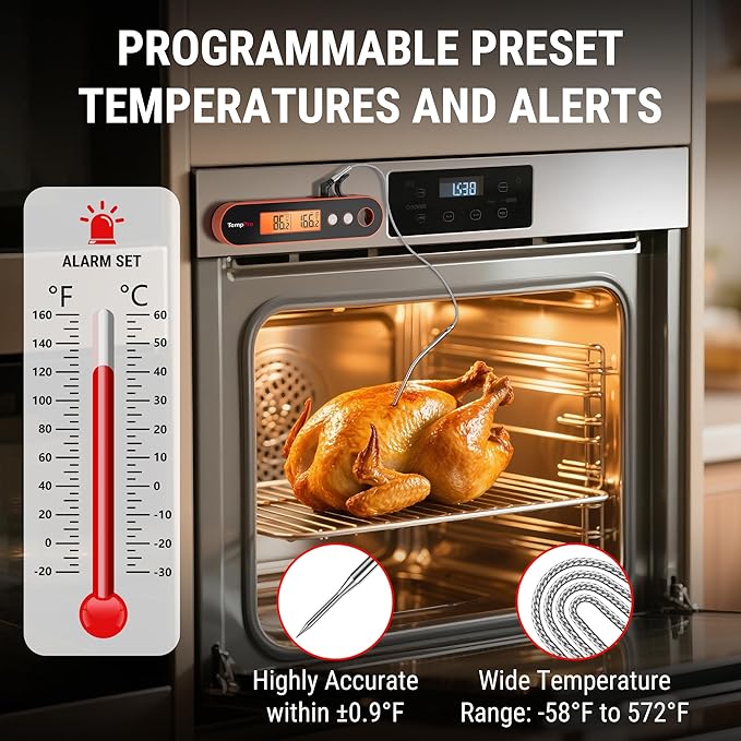 TempPro TP610W Rechargeable Instant Read Thermometer for Cooking, Stainless Steel Meat Thermometer Digital with Alarm, Waterproof Cooking Thermometer for Grill, Smoker, BBQ (Previously ThermoPro)