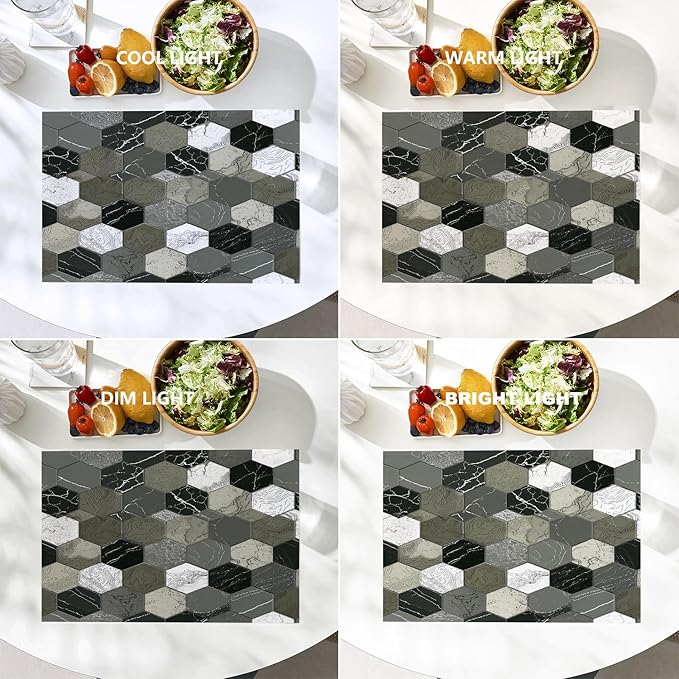 Batmerry Hexagonal Tiles Placemats, Gray and White Hexagons Washable Linen Table Mats for Kitchen Table Double Insulation Decor Dining Set Indoor Outdoor 12X18 in Set of 4