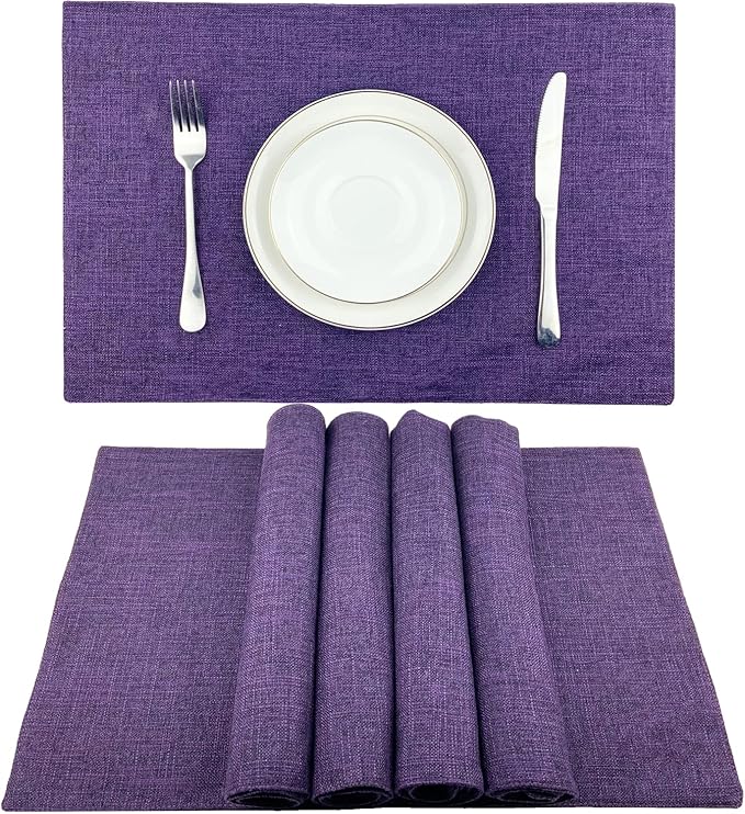Weabetfu Cloth Placemats Set of 8 Heat Resistant Dining Table Placemmats Cotton Linen Machine Washable Kitchen Table Mats Wrinkle Free Thick Fabric Place Mat,Easy to Clean,13"x19" Purple