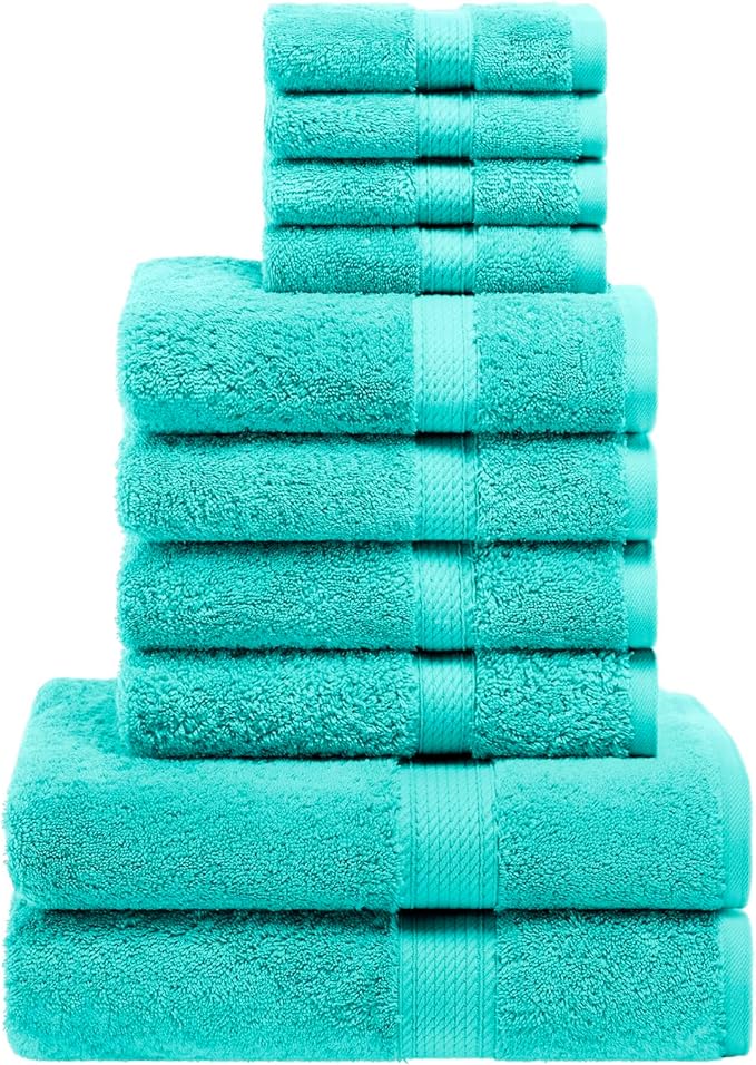 SUPERIOR Egyptian Cotton Pile 10 Piece Towel Set, Includes 2 Bath, 4 Hand, 4 Face Towels/Washcloths, Ultra Soft Luxury Towels, Thick Plush Essentials, Guest Bath, Spa, Hotel Bathroom, Turquoise