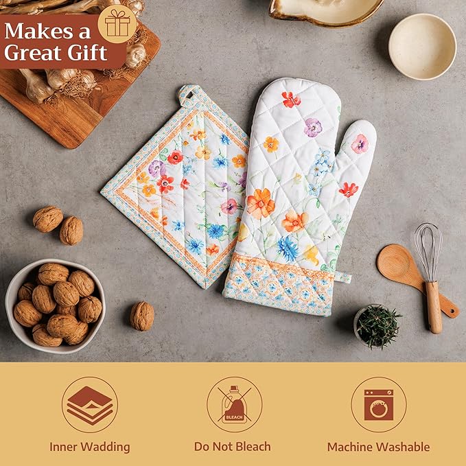 Maison d' Hermine Pot Holders 100% Cotton Heat Resistant Potholders 8" x 8" Hot Pads with Loop BBQ Cooking Baking Gifts for Mothers Day Handling Hot Pans Spring/Summer (Pack of 1, Summer Whisper)