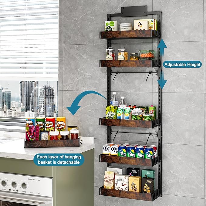bukfen Over the Door Pantry Organizer, 6-Tier Adjustable Wooden Basket Kitchen Pantry Door Organization and Storage, Heavy-Duty Metal Hanging Kitchen Spice Rack, D6.3 x W17.71 x H50.60 inch, 1 Pack