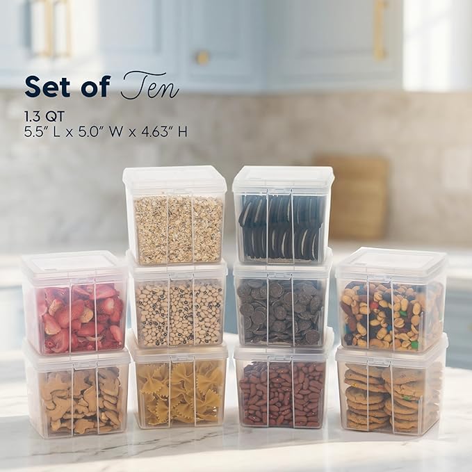 IRIS USA Food Storage Containers with Flip-Top Lid, 1.3 Qt - 10 Pack, Clear Stackable Food Containers for Kitchen & Pantry Organization, BPA-Free, Food Grade Plastic For Flour, Sugar, Dry Food, Grain