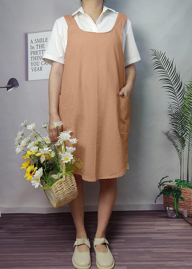 Cotton Cross Back Aprons Solid Color Cooking Kitchen Garden Smock for Women Girls with Pockets