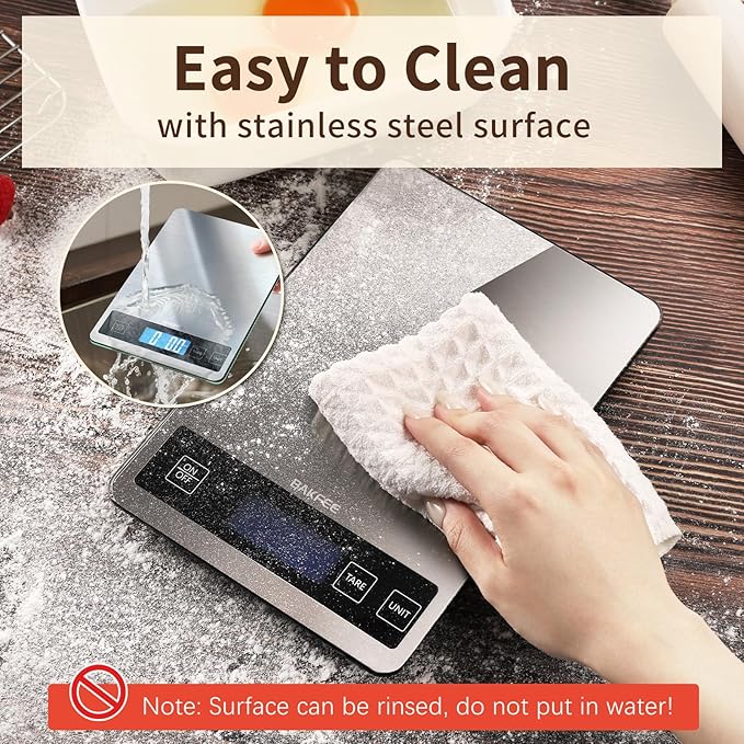 Food Scale, 15kg/33lb Digital Kitchen Scale with Stainless Steel & Tempered Glass, 1g/0.05oz Precise Weighing, Splash-Resistant and Sturdy Surface, for Cooking, Baking, Weight Loss, Meal Prep