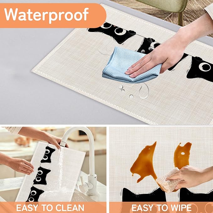 Cute Black Cats Placemats Set of 6,Washable Kitchen Dining Linen Table Mats for Home Party Dinner Indoor Outdoor 12x18Inch