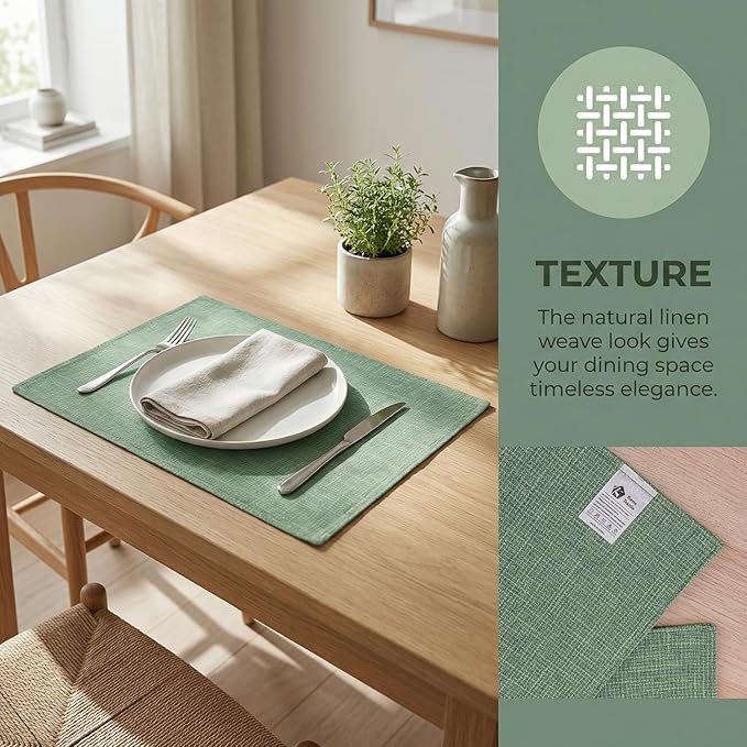 Kevin Textile Spring Easter Day Burlap Linen Placemats Set of 4 Heat Resistant Dining Table Place Mats Washable Kitchen Table Mats, 13 x19 inches, Sage Green