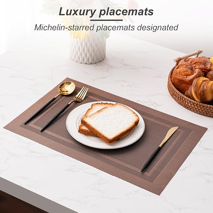 CADONO Placemats Set of 6 Washable Indoor/Outdoor Vinyl Place Mats for Dining Table Durable Non-Slip Heat Resistant PVC Weave Table Mats（Simple Style-Coffee-Colored）