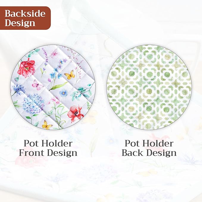 Maison d' Hermine Pot Holders 100% Cotton Heat Resistant Potholders 8" x 8" Hot Pads with Loop BBQ Cooking Baking Gifts for Mothers Day Handling Hot Pans Spring/Summer (Pack of 1, Just Floral)