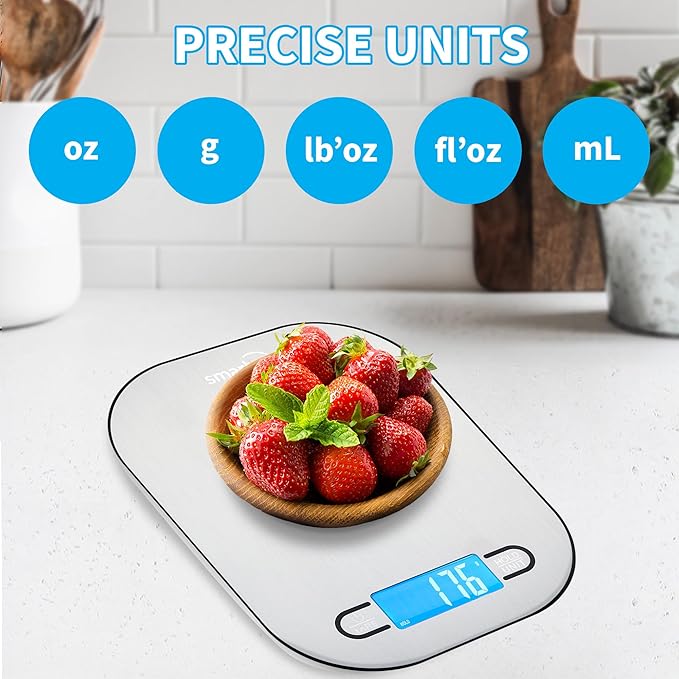 Smart Weigh Stainless Steel Digital Kitchen Scale for Cooking, Weight Loss, Calorie Tracking, Baking, Food Portion Control, and Meal Prep - Accurate Measurements in Grams and Ounces