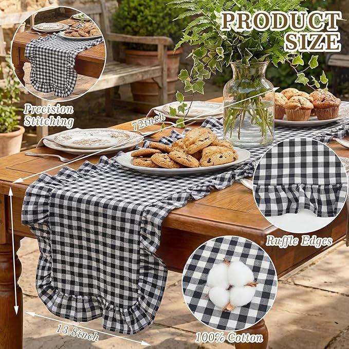 HunnmingRe 1 Pcs White and Black Plaid Gingham Ruffle Table Runner 72 x 13.8'' Farmhouse Buffalo Table Runner 100% Cotton Scalloped Long Dresser Scarves for Dining Room, Kitchen Rustic Home Decor