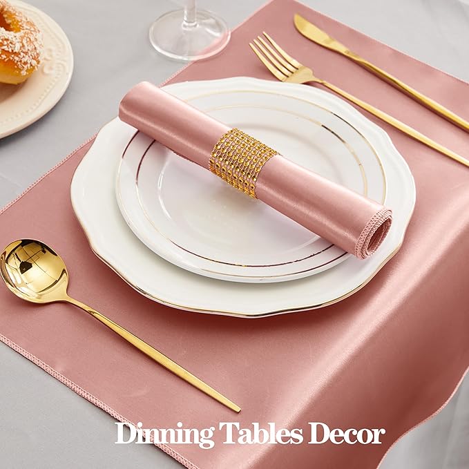 RUDONG M 100 Pcs Rose Gold Satin Napkins and Napkin Rings Set, 17 x 17 Inch Square Cloth Napkins Set of 50, Silky Soft Table Napkins Bulk for Weddings, Banquet, Parties Dinner Decoration