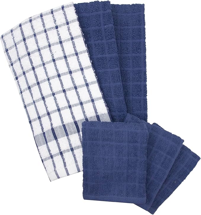 Ritz Premium Kitchen Towel and Dish Cloth Value Set: Highly Absorbent, Super Soft, Long-Lasting, 100% Cotton Checked and Solid Hand Towels, Tea Towels, Bar Towels - 6 Pack, Navy
