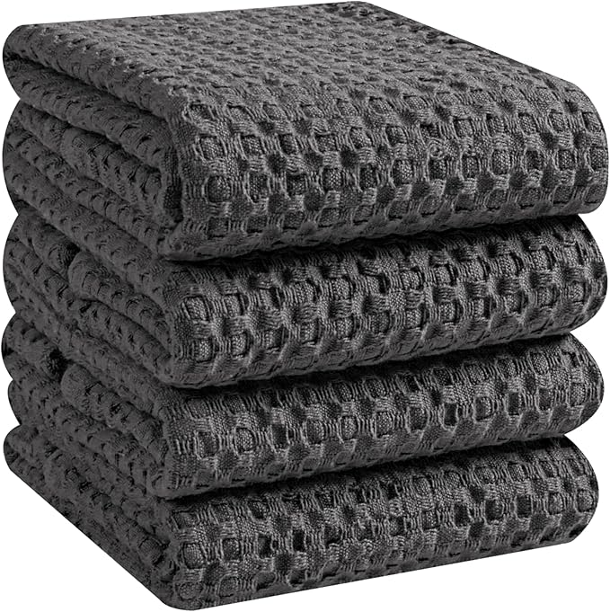 Native Fab Set of 4 Premium Waffle Dish Towels 16x26 inches - Soft Absorbent - 100% Cotton Kitchen Towels for Quick Drying Dishes, Reusable Cleaning Cloths, Grey