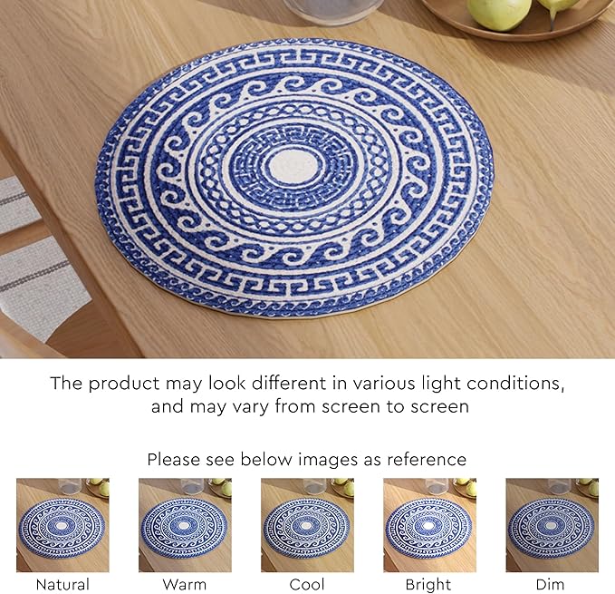 Encasa XO Dining Placemats Set of 4 | Cotton Round Table Mat - 13 in Diameter | Blue Mandala Print | Handmade Rib Style Chargers for Dinner Plates