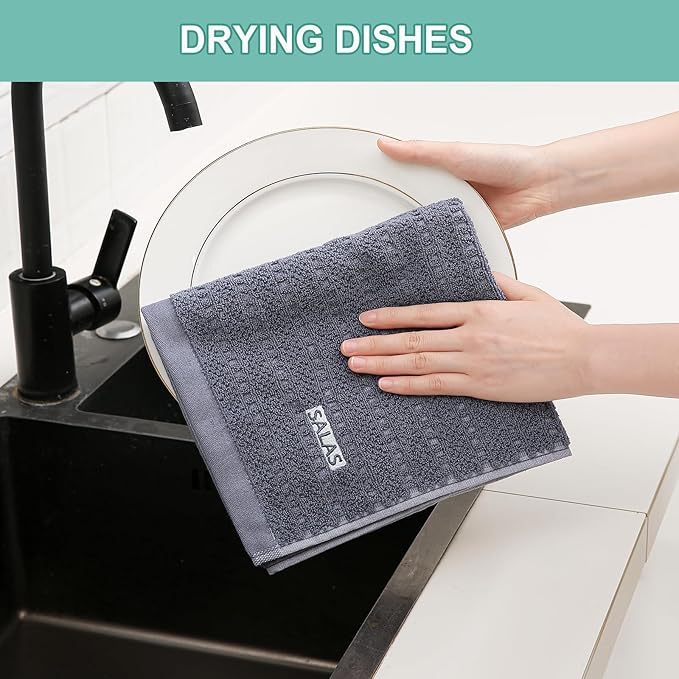 SALAS Kitchen Dish Towels, Bulk Cotton Kitchen Hand Towels, 390 GMS Plaid Dish Cloths Rags for Drying Dishes with Hanging Loop, 16‘’ x 26‘’, 3 Packs, Retro Blue