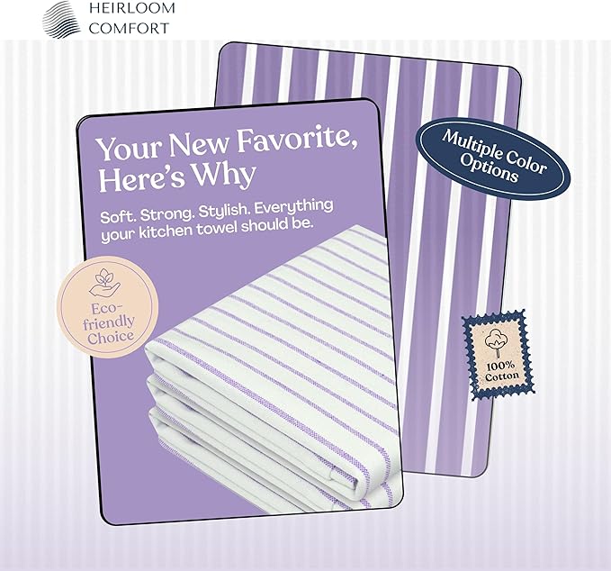 Lavender Stripe Kitchen Towels, 12 Pack, 100% Cotton, Super Absorbent and Quick Dry, Classic Striped Towel Set, Durable Dish Cloths for Kitchen Use, Cleaning & Drying Dishes
